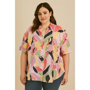 NEW Easel linen blend Colorful bright short sleeve button up floral pastel 1X